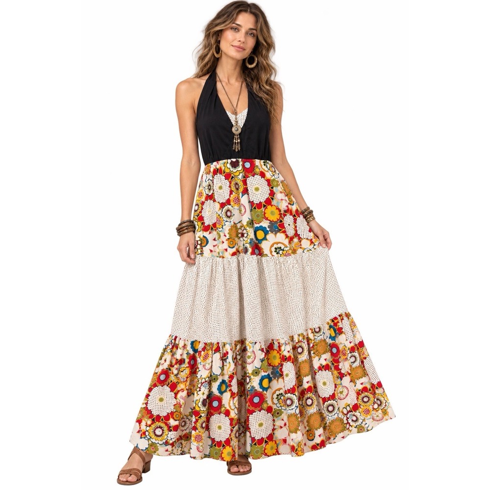 Vtg 60s 70s Tiered Halter Maxi Dress ~Flower Power Woodstock Hippie ~Fits a S/M